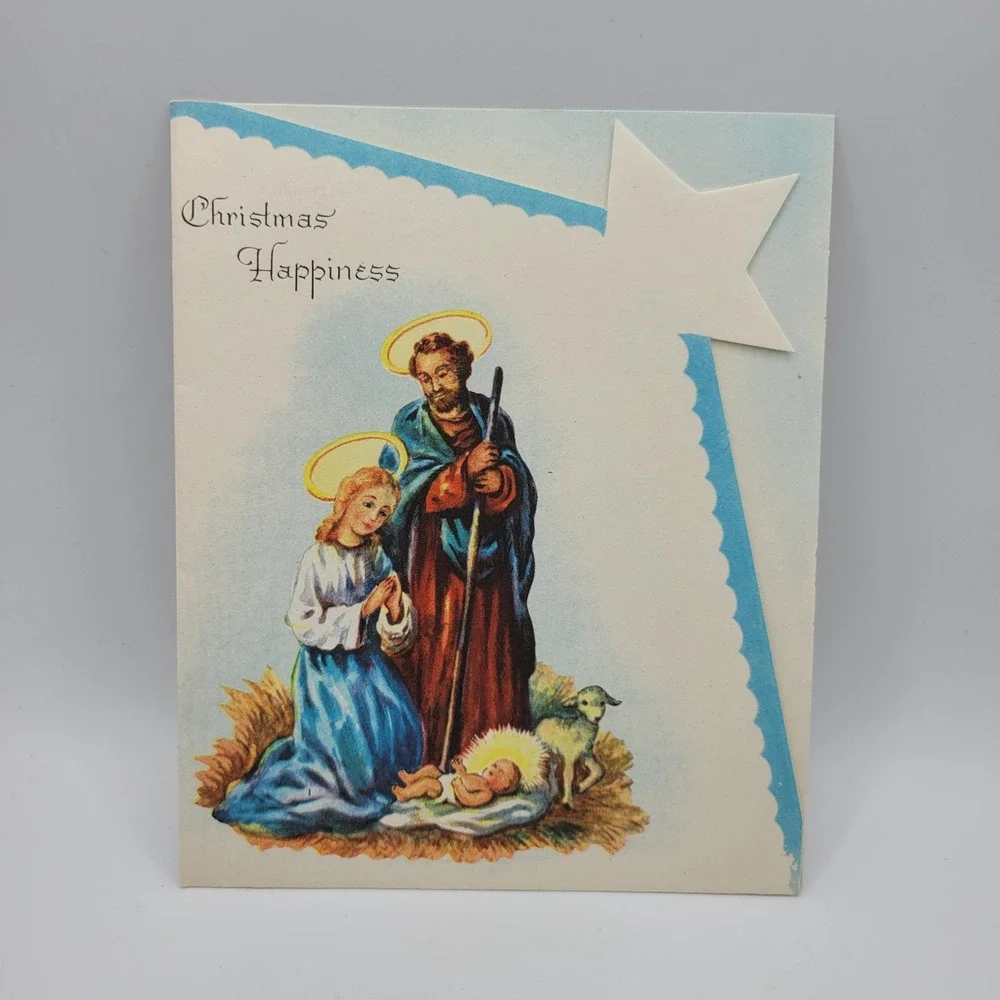 Vintage Christmas Happiness Nativity Scene Card‎ Unused Religious Holiday